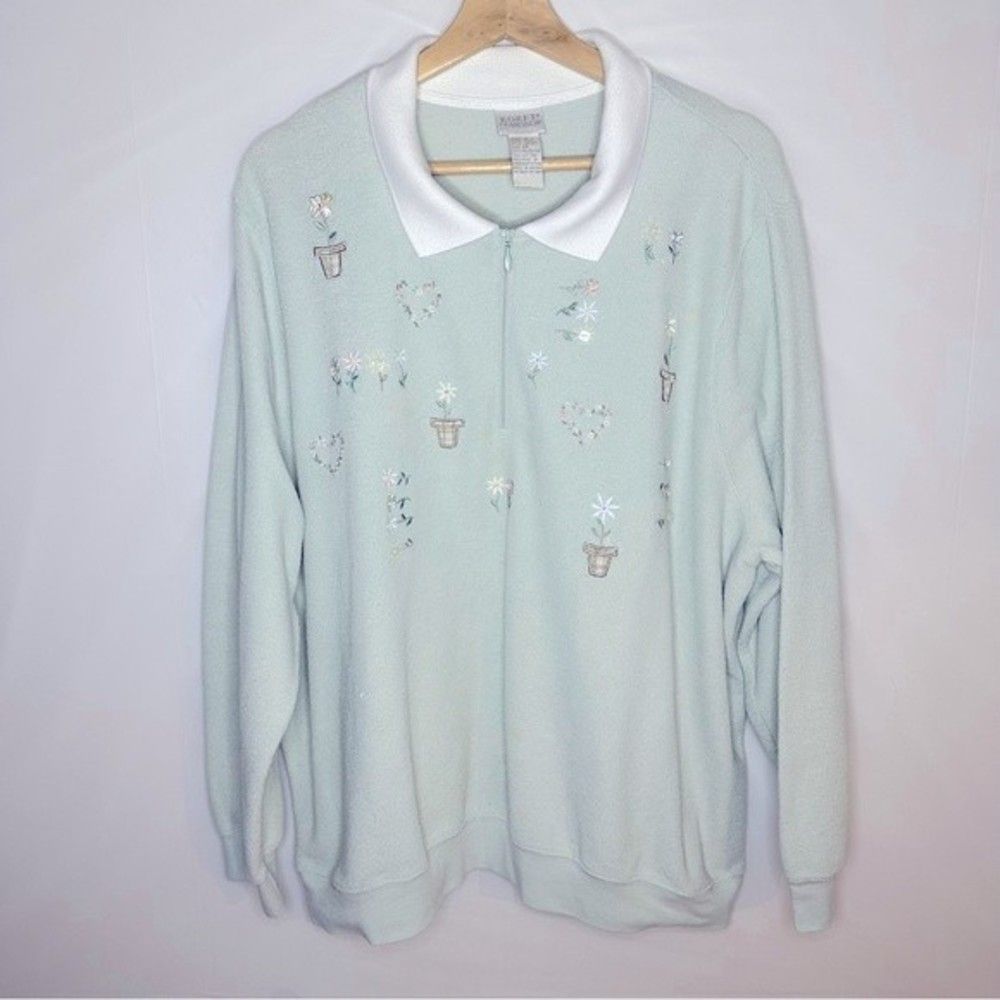 Koret Francisca 3/4 Zip Vintage 90’s Collared Green Flower Embroidered Sweater
